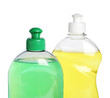 Bottles with different detergents on white background