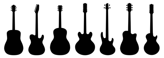 guitar silhouettes set.acoustic and heavy rock electric guitars musical instruments. simple set of e