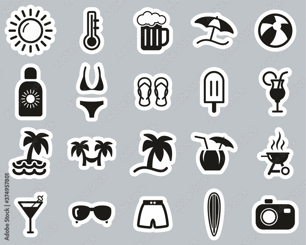 Summer Icons Black & White Sticker Set Big Stock Vector | Adobe Stock