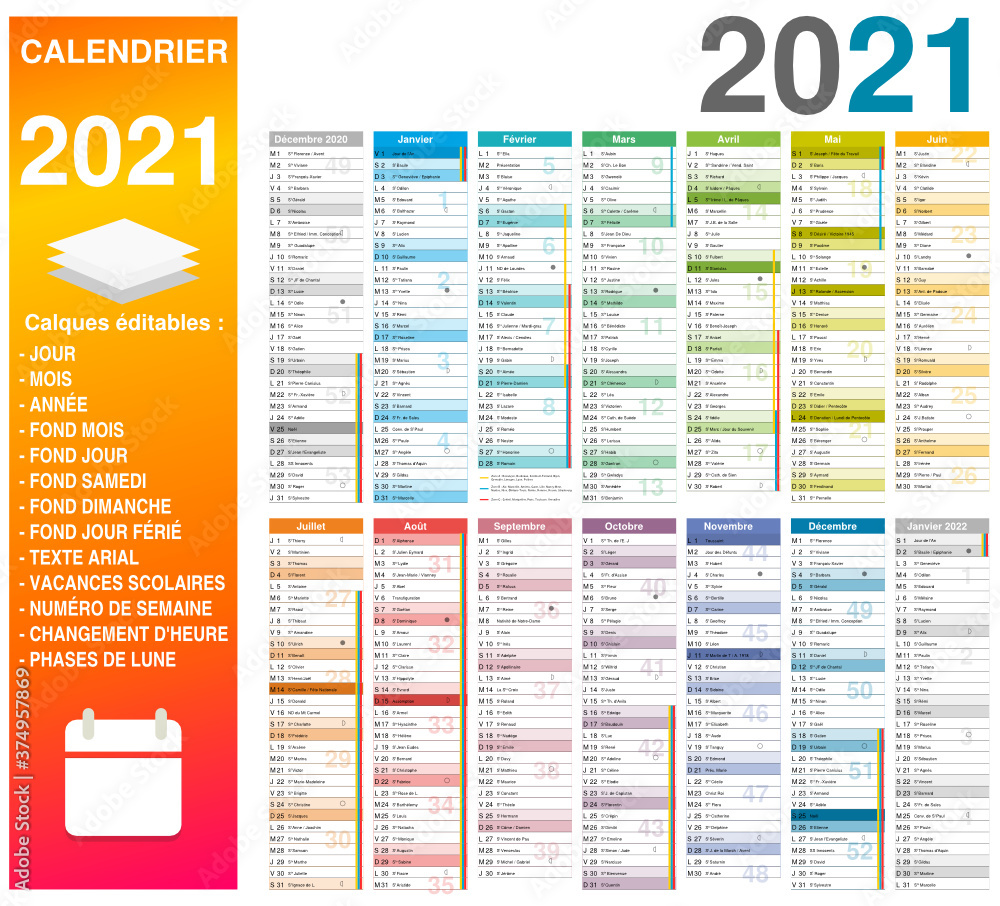 Calendrier 2021 14 mois avec vacances scolaires officielles 2021 2022 entièrement modifiable via calques et texte arial - obrazy, fototapety, plakaty 