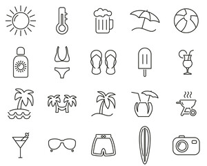 Sticker - Summer Icons Black & White Thin Line Set Big