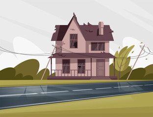 Sticker - Shabby house with broken windows and roof semi flat vector illustration. Unsightly abandoned two-storied building. Strong cold winter. Gray environment 2D cartoon scene for commercial use