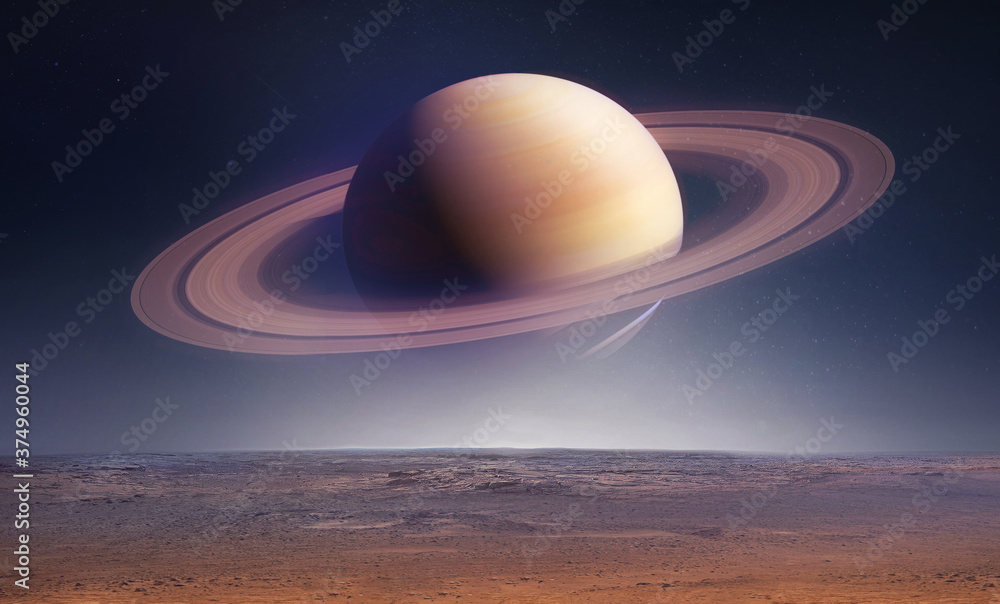 Landscape with saturn planet in sky with stars. Fantasy space wallpaper with planet over the land. Sci-fi. Elements of this image furnished by NASA - obrazy, fototapety, plakaty 