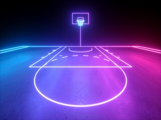3d render, violet blue glowing neon light, part of the basketball virtual playground, frontal view, 