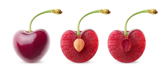 Aufkleber - Isolated cherries in a row. Whole sweet cherry and cherry halves with and without pit isolated on white background
