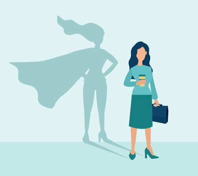 Business Woman with a Super Hero Shadow. Leadership motivation concept. Vector illustration