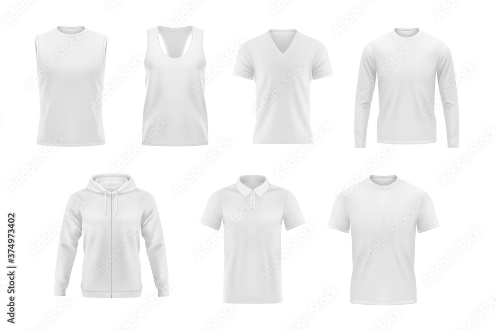 Men clothes vector tshirt, hoodie and polo shirt with singlet and longsleeve apparel mockup. Realistic 3d male garment and underwear white template. Blank clothing design, outfit isolated objects set - obrazy, fototapety, plakaty 