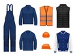 Workwear uniform and worker clothes, vector realistic safety jackets and overall vests. Work wear clothing suits and outfit garments for construction and builders, hardhat helmet and pants mockups