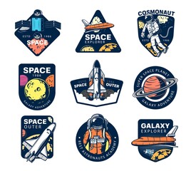 Wall Mural - galaxy explore vector icons. astronaut, space shuttle and satellites in outer space. universe expedi