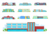 Fototapeta  - Education building isolated icons with vector school, university, college and academy houses. Schoolhouse exterior with front yard, glass facade, window and door, tree and light emblems, architecture