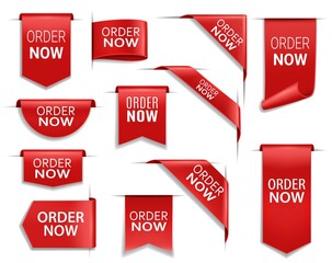 Wall Mural - order now red banners, realistic vector ribbons, web design elements. corners, flags or isolated boo