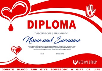 Diploma for blood or plasma donation, vector certificate template with hearts and red drop in human hand. Donor charity border design, diploma for blood donate, giving gift of life, medical support