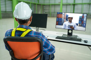 Poster - Warehouse worker talk brainstorm on video call on computer with diverse colleagues in a large warehouse.