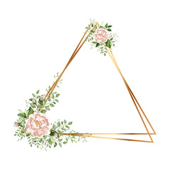 Wall Mural - Gold triangle frame with flowers. Geometric crystal polyhedron shape on white background