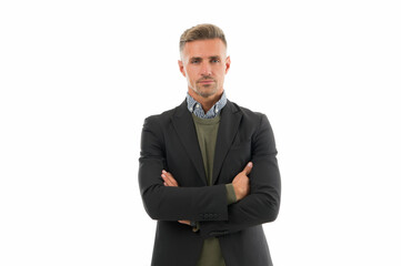 Wall Mural - handsome male has groomed graying hair. mature guy isolated on white background. autumn casual fashion. male fashion and beauty. express confidence. successful man crossed hands