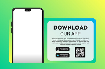 Download page of the mobile app mock up. Empty screen smartphone for you app. Download buttons. Vector illustration.