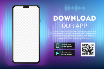 Download page of the mobile app mock up. Empty screen smartphone for you app. Download buttons. Vector illustration.
