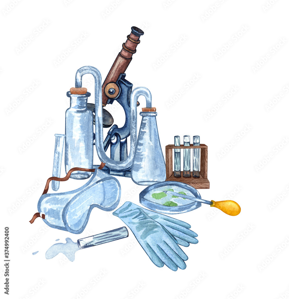 Watercolor science equipment of microscope, glass, laboratory tools ...