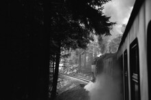 Black And White Image Of Steam Locomotive