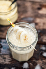 Food: Vegan Protein Drink With Soy Milk, Lupins Flour, Banana, Vanilla And Ice Cubes