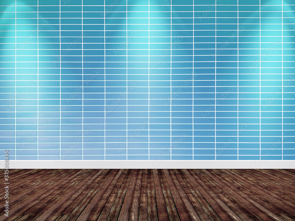Spotlight blue background. Empty brick wall interior - obrazy, fototapety, plakaty 