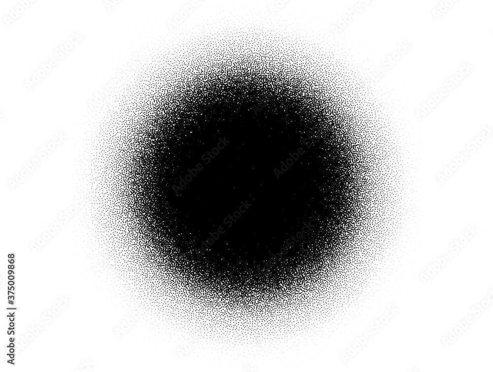 Dotwork stain pattern vector background. Sand grain effect. Black noise stipple dots. Abstract noise dotwork pattern. Black dots grunge banner. Stipple circles. Stochastic dotted vector background. - obrazy, fototapety, plakaty 