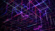 © Nazar - Abstract neon cube. Glowing mesh with static. cyberpunk signboard. Block chain data network. 3d rendering