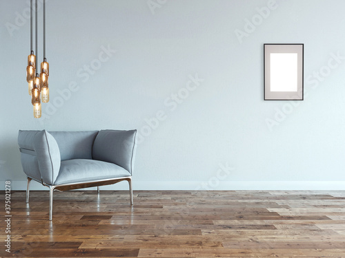 Fotografía empty living room interior decoration modern lamp and wooden floor, stone wall concept