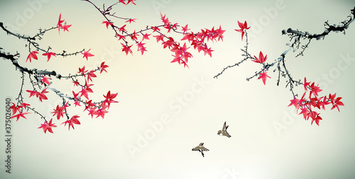 Fotografie, Obraz Chinese painting of maple tree and birds
