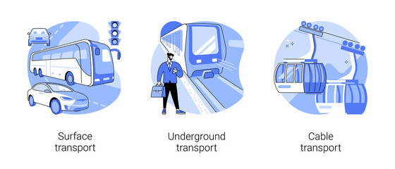 Canvas Print - Public transport abstract concept vector illustration set. Surface, underground and cable transport, road and highway, trolleybus, bus stop, subway train station, passenger traffic abstract metaphor.