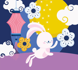 Sticker - happy mid autumn festival, cute rabbit chinese lantern flowers moon decoration, blessings and happiness