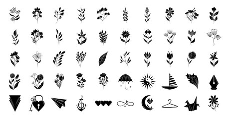 Poster - minimalist tattoo floral shapes and different icons silhouette art on white background