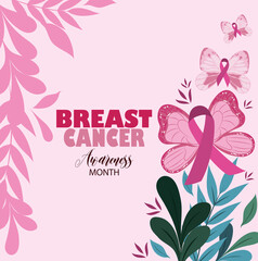 Wall Mural - breast cancer awareness month leaves nature butterfly and ribbon pink vector