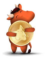 Bull, ox the symbol of 2021 new year with gold coin in hands. Good luck, success and wealth in new year. Talisman for money according to Chinese calendar. Vector