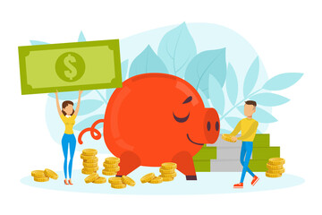 Poster - Tiny People and Huge Piggy Bank, Finance Investment and Planning Concept Flat Vector Illustration