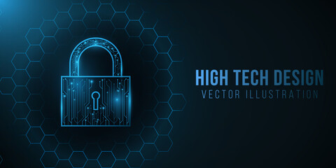 A futuristic high-tech lock made from a computer circuit board. Protected data. Glowing cyber padlock on a background with a pattern of honeycombs. Vector illustration.