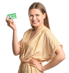 Poster - Happy young woman with driving license on white background