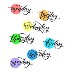 Sticker - Lettering days of the week - Monday, Tuesday, Wednesday, Thursday, Friday, Saturday, Sunday. Handwritten words for calendar, weekly plan, organizer.