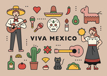 Viva Mexico Festival. Male And Female Characters And Mexican Icons In Festive Costumes. Flat Design Style Minimal Vector Illustration.