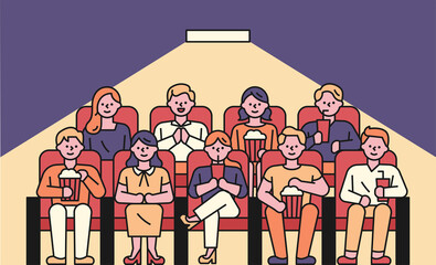 Poster - Audience sitting in a theater watching a movie. flat design style minimal vector illustration.