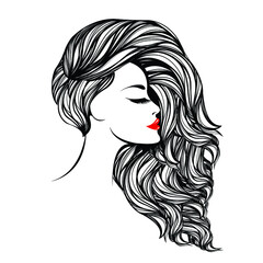 Wall Mural - Woman with elegant hairstyle and makeup.Beauty salon logo.Hairdresser, cosmetics and spa icon.Young lady portrait.Beautiful face isolated on white background.Long, wavy hair.Red lipstick.