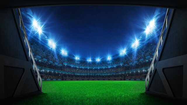 Wall Mural -  - Stadium tunnel leading to playground. Players entrance to illuminated football stadium full of fans. Digital 3D illustration background for sport advertisement. 