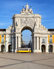 Poster - Praca do Comercio with yellow tram, Lisbon, Portugal