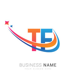 initial letter TF logotype company name colored orange, red and blue swoosh star design. vector logo for business and company identity.