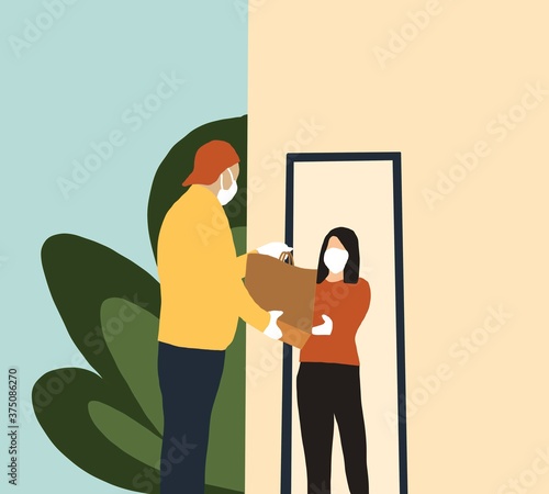 Photographie Delivery man employee in red cap wearing face mask and glove holding a cardboard boxes in front house and woman accepting a delivery of boxes during COVID-19 outbreak