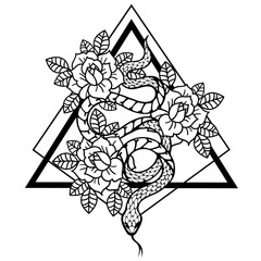 Sticker - Tattoo with rose and snake with sacred geometry frame.