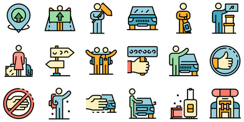Poster - Hitchhiking icons set. Outline set of hitchhiking vector icons thin line color flat on white