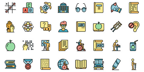 Sticker - Inclusive education icons set. Outline set of inclusive education vector icons thin line color flat on white