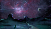 Space Background. Magician Standing On Mountain Land Silhouette With River And Planet On Colorful Fractal Nebula. Elements Furnished By NASA. 3D Rendering