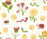 Fototapeta Pokój dzieciecy - Vector Seamless pattern with chickens and insects. Loop pattern for fabric, textile, wallpaper, posters, gift wrapping paper, napkins, tablecloths. Print for kids, children. Children's pattern